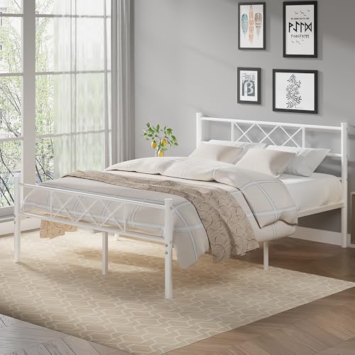 Full Size Bed Frame with Headboard - Pure White, Heavy Duty Metal Slats, Easy Assembly
