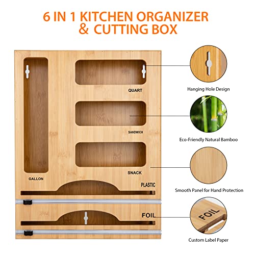 Kitchen Food Wrap & Bag Storage Organizer with Cutter, Bamboo 6-in-1