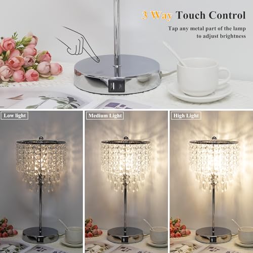 Seaside Village Silver Touch Control Crystal Table Lamp with USB C+A Ports, 3-Way Dimmable Nightstand Lamp, Includes B11 LED Bulb