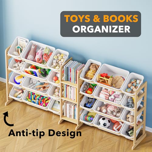 SpaceAid 74W Large Toy Storage Organizer with 24 Bins & 3 Shelves, White Kids Bookcase