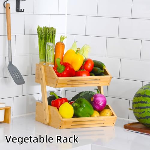 VIKEYHOME 2-Tier Natural Bamboo Fruit Basket Stand - 11" Countertop Organizer