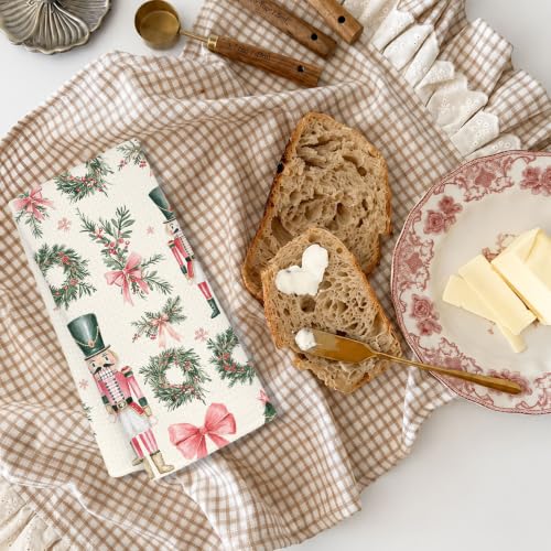 Christmas Nutcracker Kitchen Towels - Pink Bow Wreath, 16 x 24 in (Variation: Christmas Nutcracker)