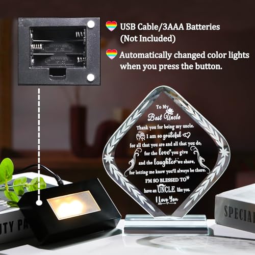 Personalized Uncle Crystal Plaque Gift from Niece & Nephew - Heartfelt Decorative Award with LED Light Base