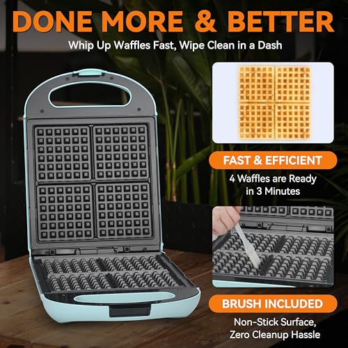 Belgian Waffle Maker Aqua 4-Slice Nonstick Square Waffle Iron - Family Size