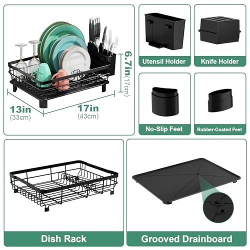 Kitchen Dish Drying Rack with Drainboard - Black, 13 x 17 Inches