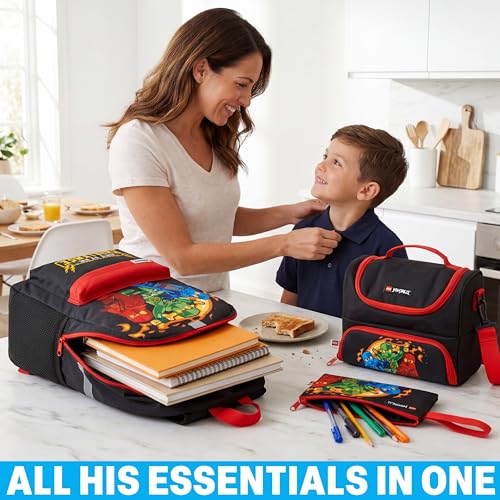 Ninjago Boys Backpack Set with Lunch Bag & Pencil Case - Red & Black, 3 Pieces