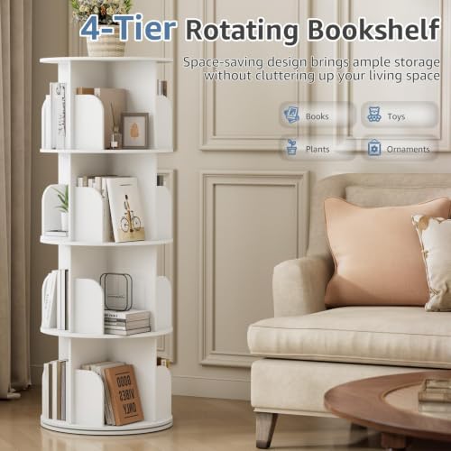 White 4-Tier Rotating Bookshelf Tower - Space-Saving Spinning Bookcase