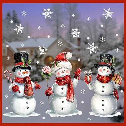 Mfault Christmas Snowman Window Clings, Xmas Snowflakes Snowballs Stickers Decals Decorations, Winter Holiday Gifts Peppermint Candy Cane Home Kitchen Decor