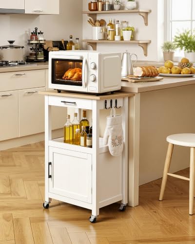 White Kitchen Island Cart with Storage, Drawer, Towel Rack & Swivel Wheels - 23.2" W