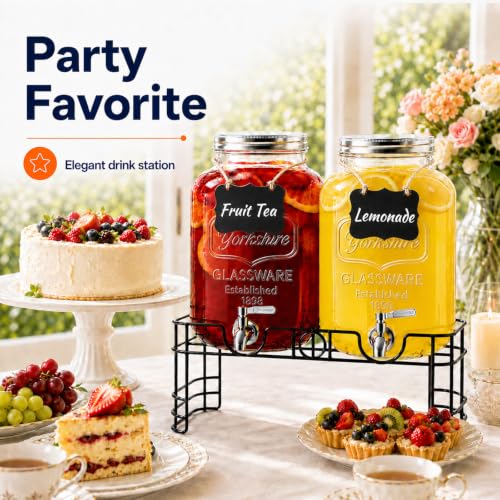 2 Gallon Glass Drink Dispensers with Stand - 2 Pack for Parties & Events