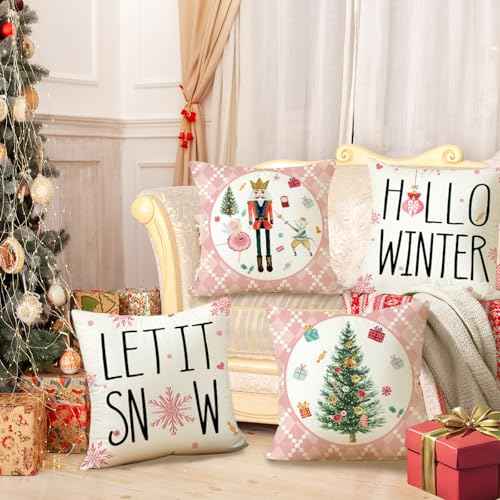Christmas Pillow Covers 18x18 Inch Set of 4, Nutcracker Pink Hello Winter Let It Snow Christmas Tree Winter Holiday Decor Throw Cushion Case for Home Couch
