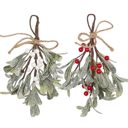 Dahi 2Pcs Christmas Artificial Mistletoe Ornament with Berries White/Red — Hanging Mistletoe Decorations