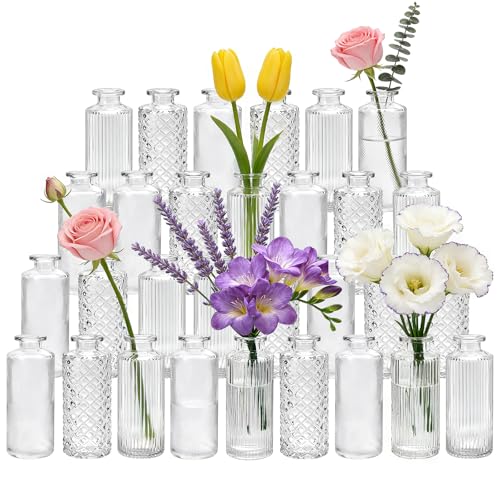 Clear Glass Bud Vases Set of 30 - Small Floral Centerpieces, Textured Designs