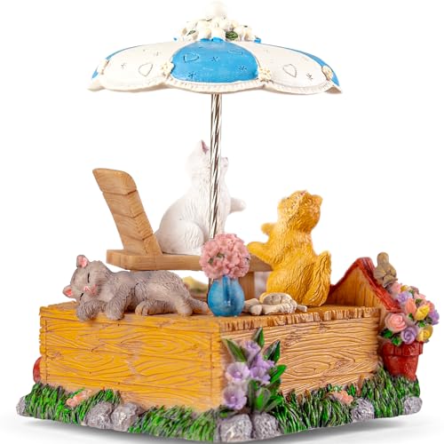 Cat Music Box with Rotating Umbrella, Hand-Painted Resin Figurine