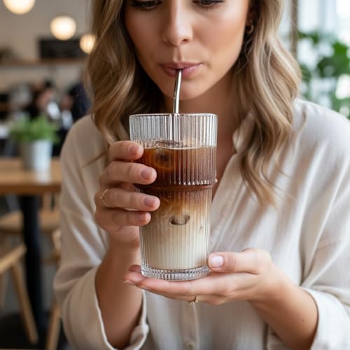 Large 20oz Ribbed Glass Tumbler Set - Vintage Clear Drinkware for Water, Iced Coffee, Beer, Tea, Latte - Housewarming Gift