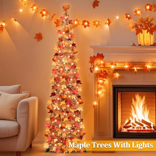 5 Ft Fall Decor Artificial Tree with Warm White String Lights and Pumpkin Topper