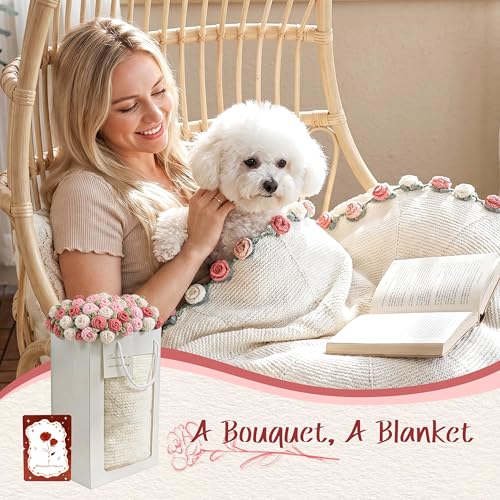 Mixed Pink & White Roses Crochet Flower Blanket - 43 Inch Throw with Bouquet Style Design