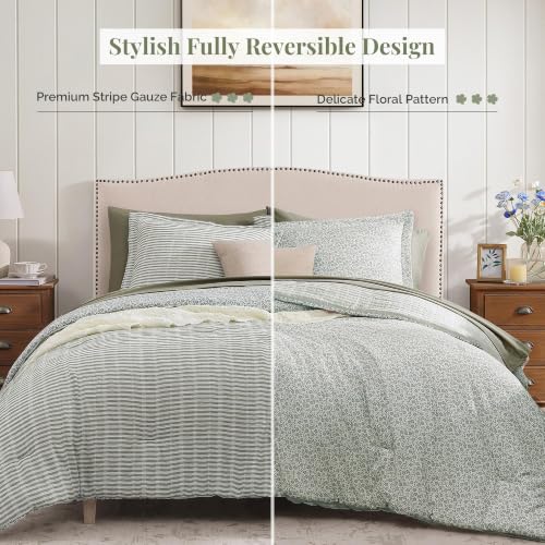 BLOOMHAVEN Queen Comforter Set - Reversible Green Plaid Floral Bedding 7 Pieces - Green Tea Variation