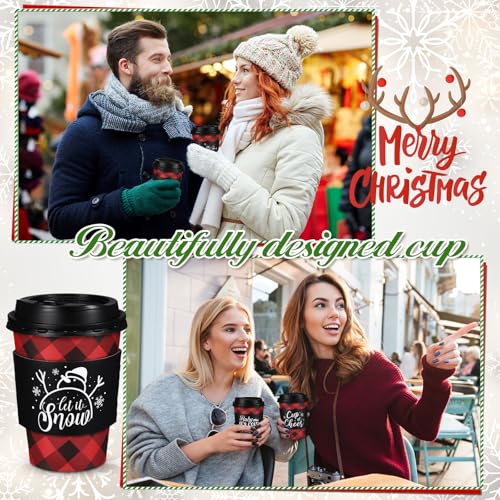 Layhit 24 Pack Christmas Buffalo Plaid 12oz Coffee Cups with Lids & Sleeves Black Red
