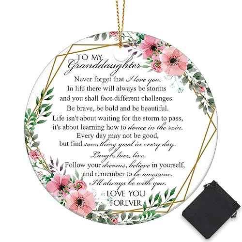 Sieral Granddaughter Ornament Gift Two Side to My Granddaughter Ornament Round Ceramic Gifts from Grandparents Keepsake Sign for Christmas Tree Decoration Inspirational Souvenir