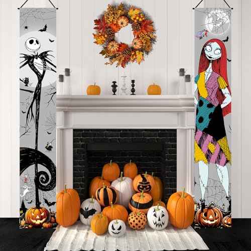 Jack Skellington Sally Banner Nightmare Before Christmas Halloween Decorations Porch Door Sign Welcome Banner Indoor Outdoor Wall Home Party Supplies