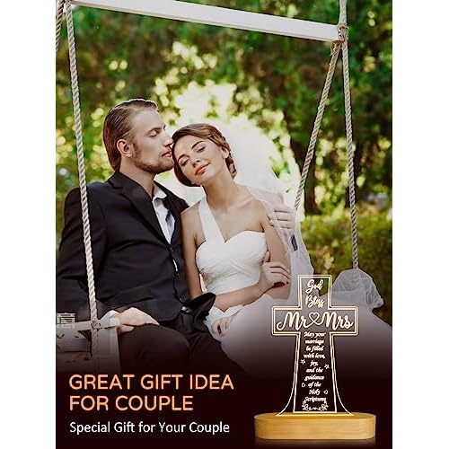 Ammonite Wedding Gifts, Cross Wooden Night Light, Decoration Lamp Husband and Wife Wedding Engagement Anniversary Valentine's Day Gifts for Couple Bride Groom, Newlywed Gifts His Hers