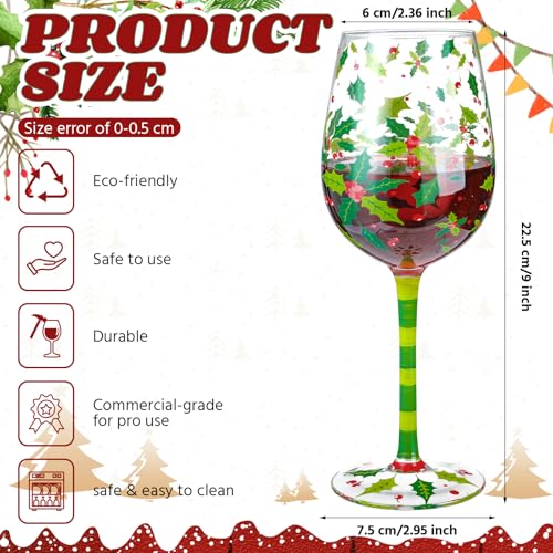 SiliFine 4 Pcs Christmas Holly Berry Stemmed Wine Glasses Set with Holiday Design