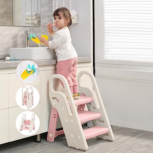 Pink Foldable Toddler Step Stool with Handles - Adjustable Bathroom Sink & Kitchen Helper