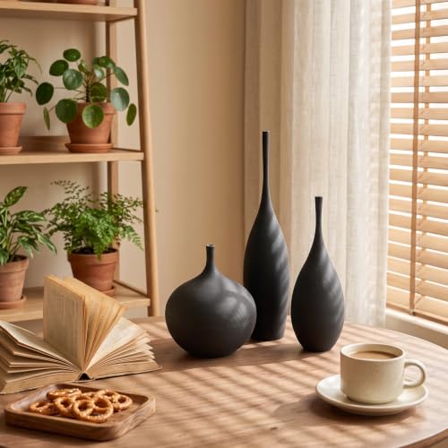 Black Ceramic Vase Set of 3 - Modern Boho Matte Minimalist Home Decor
