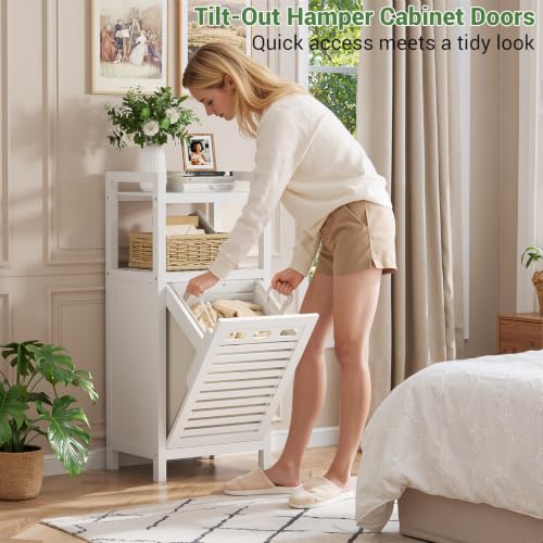 Homykic White Bamboo Tilt-Out Laundry Hamper Cabinet with Removable Bag