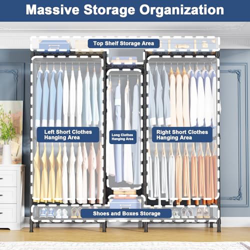 Ulif E12C Heavy Duty Black Closet Organizer with Cover - Freestanding Garment Rack, Adjustable, 860 lbs Capacity