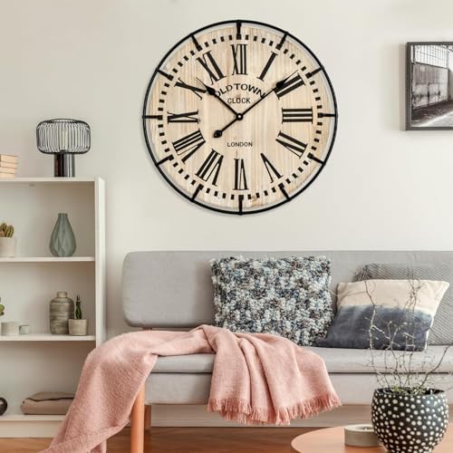 Large Rustic Farmhouse Wall Clock 24 Inch with Silent Movement - Brown / Black Numerals