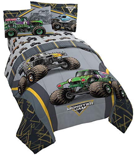 Monster Jam Twin Bed Set - Reversible Comforter & Sheet Bedding for Kids, Grave Digger & Max-D