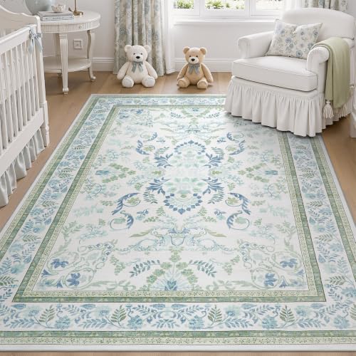 Blue and Green Washable 6x9 Area Rug - Non-Slip, Soft, Durable