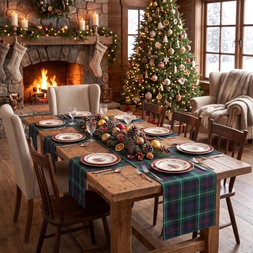 Moukeren Christmas Tartan Plaid Table Runner 70x15 Inches, Green - Set of 3