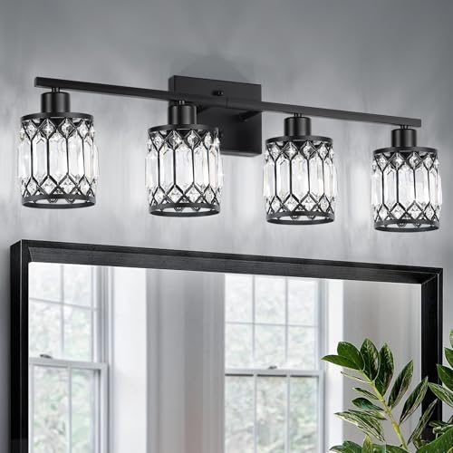 Black Modern Crystal Bathroom Vanity Wall Light 4-Light Fixture with E26 Socket