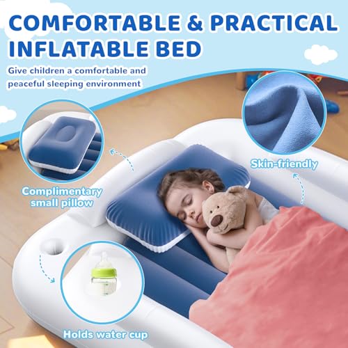 Inflatable Toddler Travel Bed - 60 Inch Portable Air Mattress with Safety Sides - Blue - Easy to Inflate with Pump & Carry Case