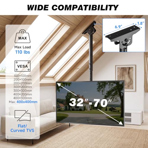Rfiver Single Ceiling TV Mount for 32-70 Inch Flat & Curved Screens - Sloped Ceiling Bracket