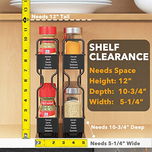 Pull Out Spice Rack Organizer for Cabinets - 2-Tier, Heavy Duty Slide Out with Labels, 5.2 W x 10.75 D x 10 H, Two 2-W Drawers
