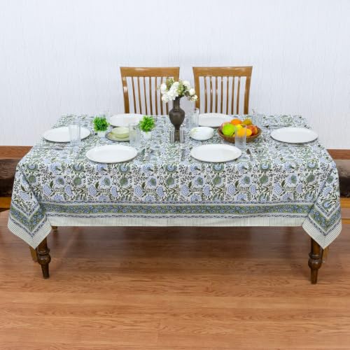 Sage Green Hand Block Print Cotton Square Tablecloth 60x60 Inches - Traditional Indian Design