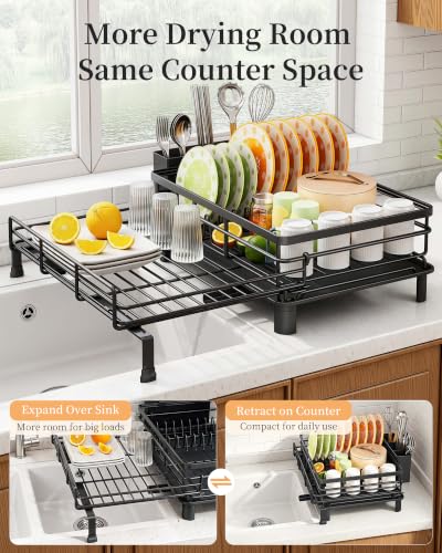 Black Expandable Dish Drying Rack for Kitchen Counter and Sink - Rust-Resistant Metal