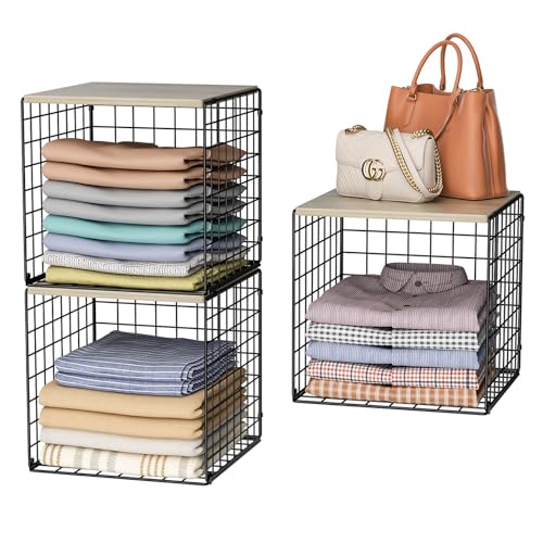 Black 3-Pack Stackable Closet Organizers with Wooden Tops – Clothes & Home Storage Bins