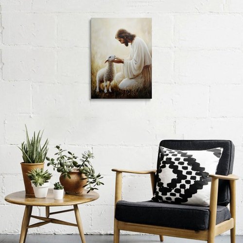 Jesus Holding Lamb Canvas Wall Art - Serene Religious Decor for Home & Church | 12x16 Inches