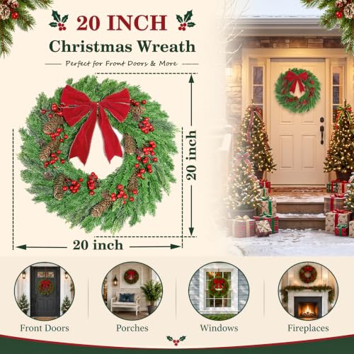 20 Inch Artificial Christmas Wreath for Front Door - Rustic Holiday Decor