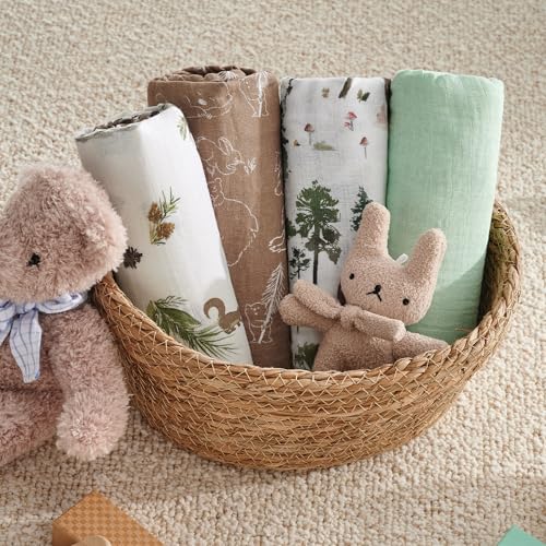 Baby Muslin Swaddle Blanket 4 Pack - Woodland Animals Green, 47x47 Inches, Soft Breathable Cotton for Newborns