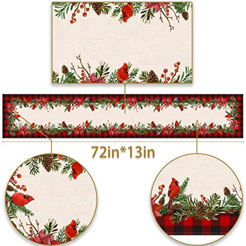 Christmas Cardinal Table Runner Buffalo Plaid Check Poinsettia Holly Xmas Winter Holiday Kitchen Dining Home Decorations (13" x 72")