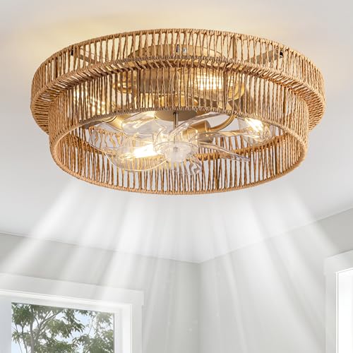 Brown Rattan Boho Ceiling Fan with Light 20 Inch Flush Mount Low Profile