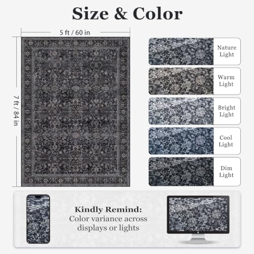 Dark 5x7 Area Rug for Living Room & Bedroom, Washable Non Slip Vintage Farmhouse Style - Midnight Variation