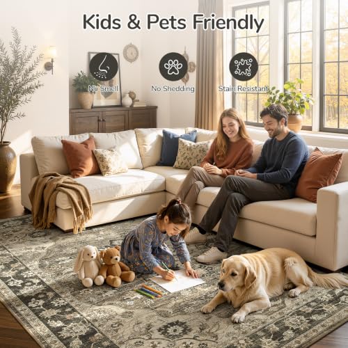 Brown 8x10 Area Rug for Living Room & Bedroom - Washable Non-Slip Vintage Style