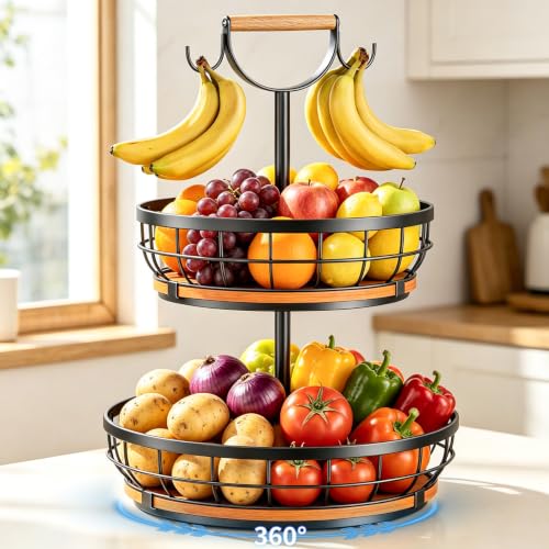 Rotating 2-Tier Fruit Basket with Wood Base and Banana Hooks - Space Saving Kitchen Organizer